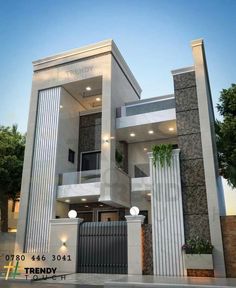 the front view of a modern style house with large pillars and columns on each side