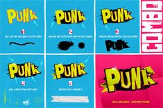 four different types of punk posters on blue and pink paper