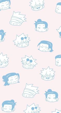 the wallpaper has many different cartoon faces on it, including one with blue hair