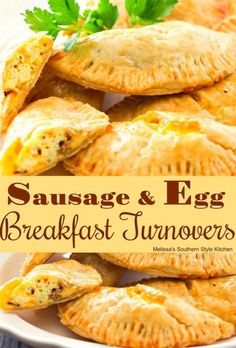 sausage and egg breakfast turnoverers on a white plate