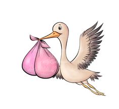 a white stork carrying a pink bag with its wings spread and it's head in the air