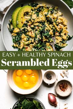 an image of scrambled eggs in a bowl with spinach and avocado on the side