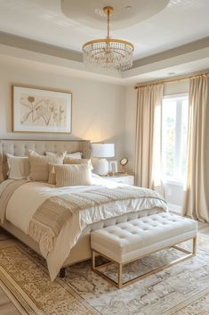 a bedroom with a large bed, chandelier and two lamps on either side of the window