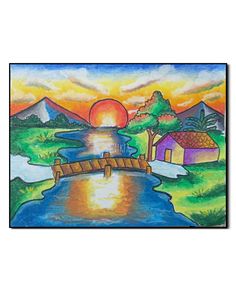 a painting of a sunset over a river with houses and trees on the other side