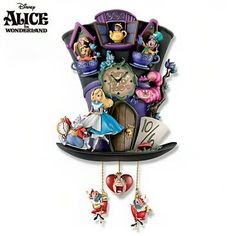 a clock with alice and wonderland characters hanging from it's side on a wall