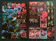 an open book with images of flowers and plants on it's cover, which reads refik anadol