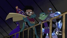 cartoon characters standing on top of a wooden railing in the dark knight animated series, which is based on disney's maleficent