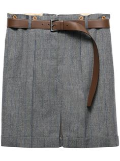 medium grey virgin wool interlock twill weave pinstripe pattern detachable waist belt belt loops button fly fastening slim cut two side inset pockets front and rear slit turn-up hem thigh-length Pinstripe Pattern, Twill Weave, Chanel 2, Iconic Bags, Demi Fine Jewelry, Straight Skirt, Exclusive Fashion, Flat Boots, Pump Sandals