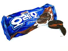 an oreo chocolate bar with two pieces cut out