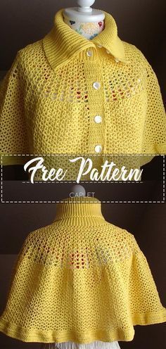 a crocheted yellow sweater is shown with the words free pattern on top and bottom