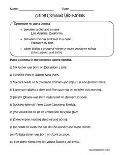 the worksheet for using commas worksheets to help students learn how to use