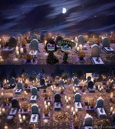 two pictures of a cemetery with candles and skulls