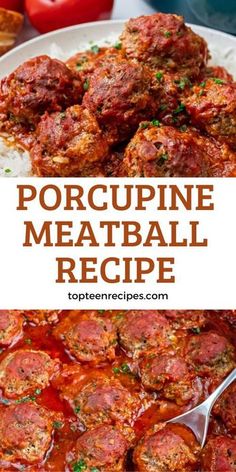 the recipe for porcupine meatball recipe is shown on a plate with tomatoes and parsley