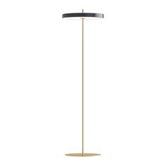 a floor lamp with a black shade on the top and a gold metal pole at the bottom