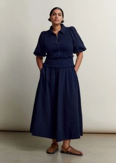 Cheesecloth Shirred Maxi Shirt Dress Navy Summer Office Outfits, Spring Maxi Dress, Office Outfits Women, Day At The Office, Maxi Shirts, Maxi Shirt Dress, Floral Print Maxi Dress, Amazing Ideas, Floral Print Maxi