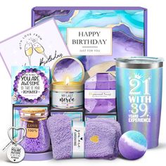 the birthday gift hamper is filled with purple items