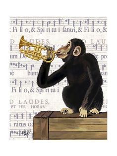 a monkey playing a trumpet on top of a wooden box with music notes in the background