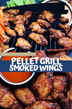 grilled chicken wings with carrots and celery on the side, text overlay reads pellet grill smoked wings