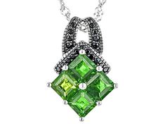 1.36ctw Square Chrome Diopside And 0.11ctw Round Black Spinel Rhodium Over Sterling Silver Pendant With 18" Singapore Chain. Measures Approximately 0.90"L x 0.49"W And 2mm Bail. Lobster Claw Clasp Closure With 2" Extender. Finished Under Gallery. Sterling Silver Jewelry With Diamond Accents In Green, Tsavorite Gemstone Jewelry For May Birthstone, Fine Jewelry With Green Diamond Cut, Green Diamond Cut Fine Jewelry, Green Multi-stone Jewelry For May Birthstone, Green Tsavorite Gemstone Jewelry, Green Diamond-cut Sterling Silver Jewelry, Green Sterling Silver Jewelry With Diamond Cut, Green Jewelry With Gemstone Accents In Cubic Zirconia