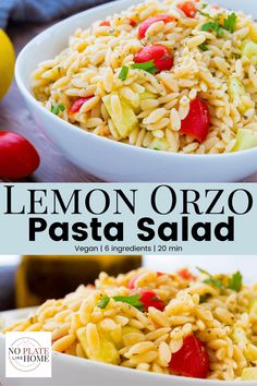 lemon orzo pasta salad in a white bowl