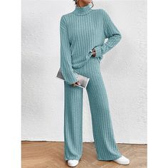 Season:Winter,Fall; Fabric:Polyester; Sleeve Length:Long Sleeve,Long Pant; Gender:Women's; Nightwear Style:Loungewear,Sets; Style:Casual,Comfort,Soft; Elasticity:Micro-elastic; Tops Type:Sweater; Occasion:Street,Daily,Going out,Home; Age Group:Adults; Function:Breathable; Pattern:Pure Color; Neckline:High Neck; Bottom Type:Pant; Listing Date:11/08/2023 Drop Shoulder Top, Loose Trousers, Top And Pants Set, High Neck Sweater, Loose Sweater, Knit Pants, Sleeves (women), Outfit Set, Basic Style