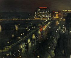 a painting of a city at night with lights on the street and buildings in the background