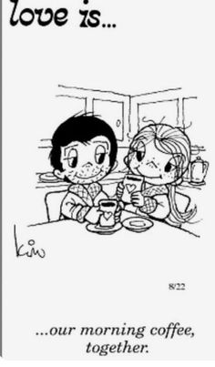 a cartoon drawing of two people sitting at a table with coffee in front of them