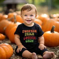 TODDLER 2T - 6T So cute!  This adorable pumpkin short sleeve toddler shirt would be so cute for fall cousin trip to the pumpkin patch. * 100% combed, ring-spun cotton  * Light fabric * Toddler unisex fit * Tear away label * Colors Available for this listing :  BLACK, WHITE OR HEATHER TO ORDER: 1.  See Color Chart and Size Chart in pictures above (not all colors are available with each item, colors chosen for listing best match image.  For this listing, please choose between BLACK, WHITE, OR HEAT Playful Short Sleeve T-shirt For Fall, Playful Short Sleeve Fall T-shirt, Pumpkin Patch Shirts Family, Pumpkin Patch Tshirt Ideas, Pumpkin Patch Shirts, Halloween Shirts For Toddlers, Pumpkin Onesie, Fall Pumpkin Patch, Kids Pumpkin Shirt