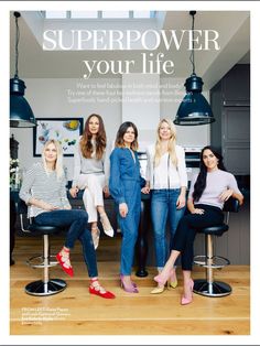 four women sitting on stools in front of a kitchen with the caption super power your life