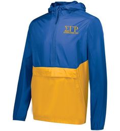 Sigma Gamma Rho Head of The Pack Pullover. 100% polyester MicroTec soft micro denier fabric with PU coating for water-resistance Woven label Half-zip pullover style Adjustable 3-piece hood Set-in sleeves Jacket folds up into zippered front pocket Jacket Folds, Track Uniforms, Pi Kappa Phi, Sorority Outfits, Woven Label, Navy Gold, Woven Labels, The Pack, Half Zip Pullover