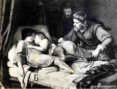 an old drawing of two women and a man laying on a bed