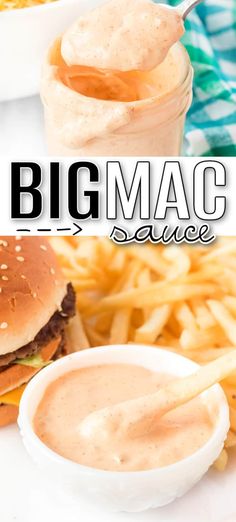 two pictures with the words, big mac and french fries in front of some food