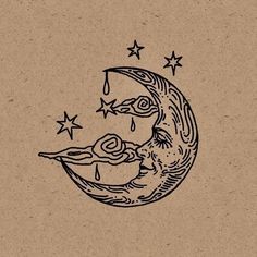 a drawing of a crescent moon with stars in the sky and water dripping from it