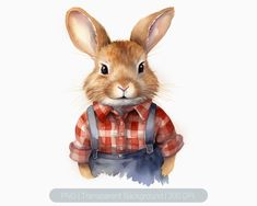 a watercolor painting of a rabbit wearing overalls and a checkered shirt with suspenders