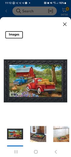 a red truck parked in front of a barn with farm animals on it and other pictures