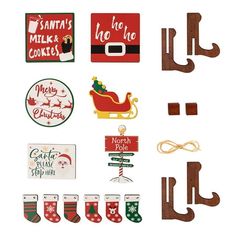 various christmas decorations are displayed on a white background, including stockings and santa's stocking