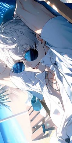 an anime character with white hair and blue eyes, wearing sunglasses while leaning against a wall