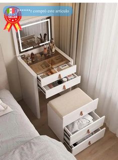 an image of a bedroom setting with drawers on the bottom and one drawer in the middle