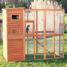 a small wooden chicken coop with a cat in it's cage on the grass