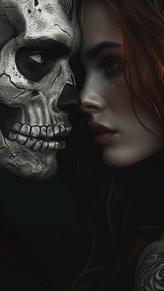 a woman with red hair next to a man with black and white skull makeup on