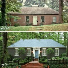 before and after pictures of a brick house with blue roof, front door and steps leading up to the porch