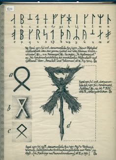 an old book with some writing on the page and symbols in it, including two birds