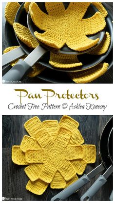 crocheted potholders and pan holders are shown with the words, pau protectors