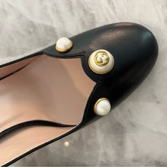 Authentic Gucci Pumps Brand New Never Worn Gucci Luxury Heels With Round Toe, Elegant Gucci Heels With Leather Sole, Elegant Gucci Calf Leather Heels, Gucci Luxury Almond Toe Heels, Gucci Designer Flat Heels, Designer Gucci Flat Heels, Designer Gucci Heels With Flat Heel, Gucci Pumps, Pearl Details