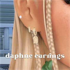 a digital painting of a woman with earrings on her ear and the words daphne earrings