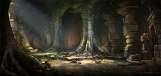 an image of a fantasy setting with trees growing out of the ground and rocks on the ground