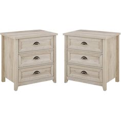 two white wooden nightstands with drawers on each side and one drawer in the middle