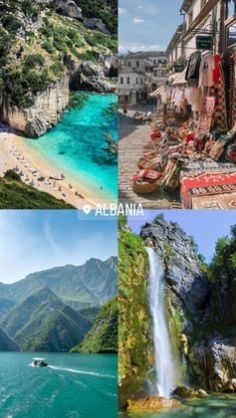 four pictures with different scenes of mountains and water