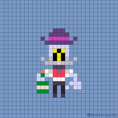 a pixellated image of a snowman wearing a purple hat, scarf and boots