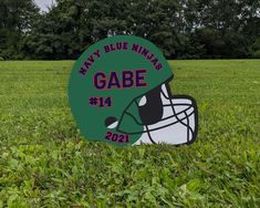 a football helmet sitting on top of a lush green field